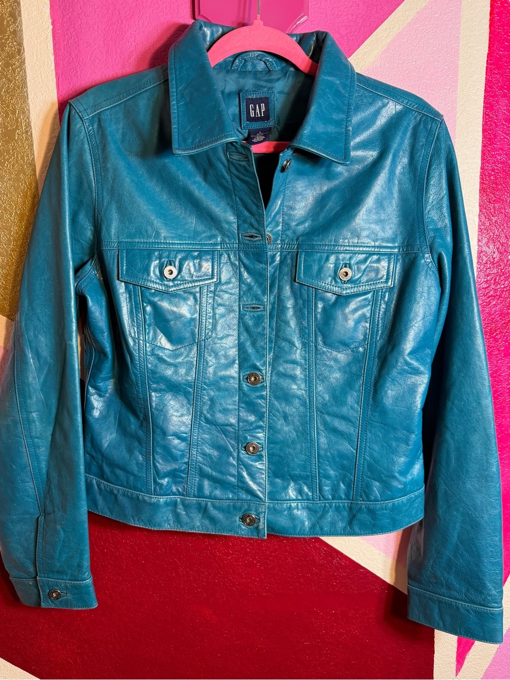 Gap Genuine Leather Teal Blue Trucker Jacket Sz L